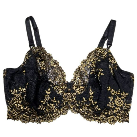 Wacoal Black & Gold Lace Underwire Bra 36DD Sexy Lingerie Floral Sheer 65191 - Picture 1 of 9